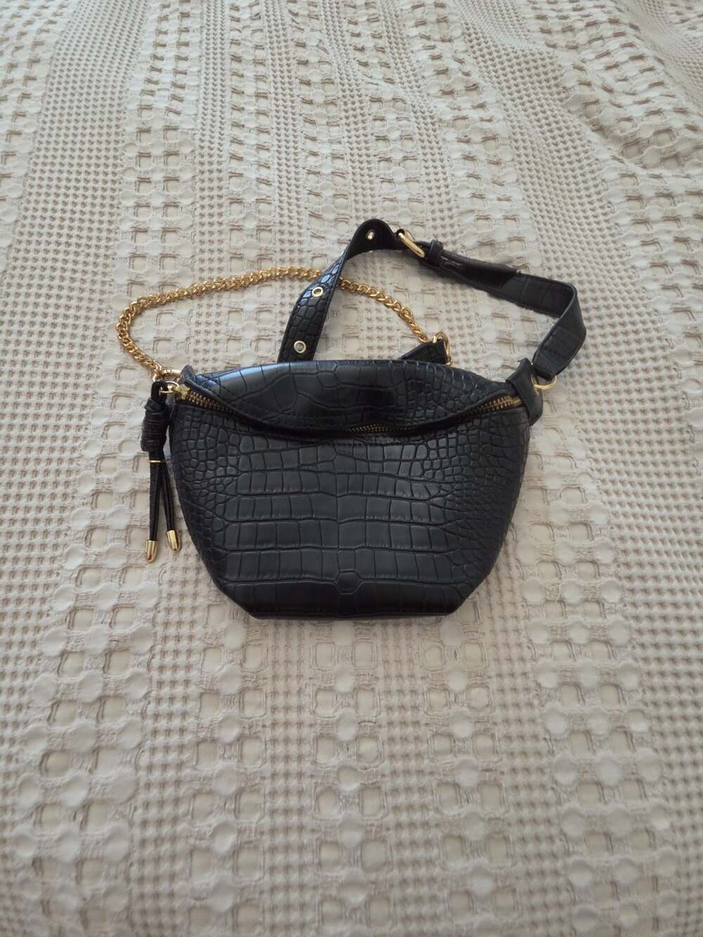 Black Croc-Embossed Faux Leather Fanny Pack with Gold Chain Detail